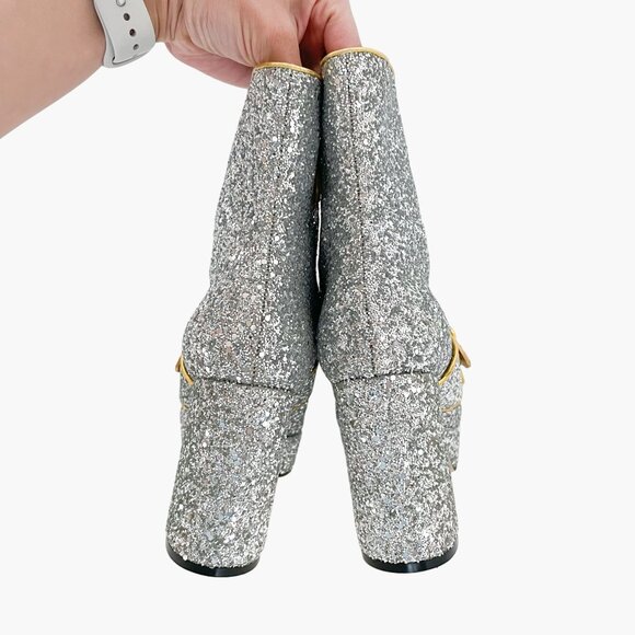 Gucci Soko Platform Ankle Boots EU 36 US 6 Silver Glitter GG Pearl Bee Heel - Picture 6 of 15